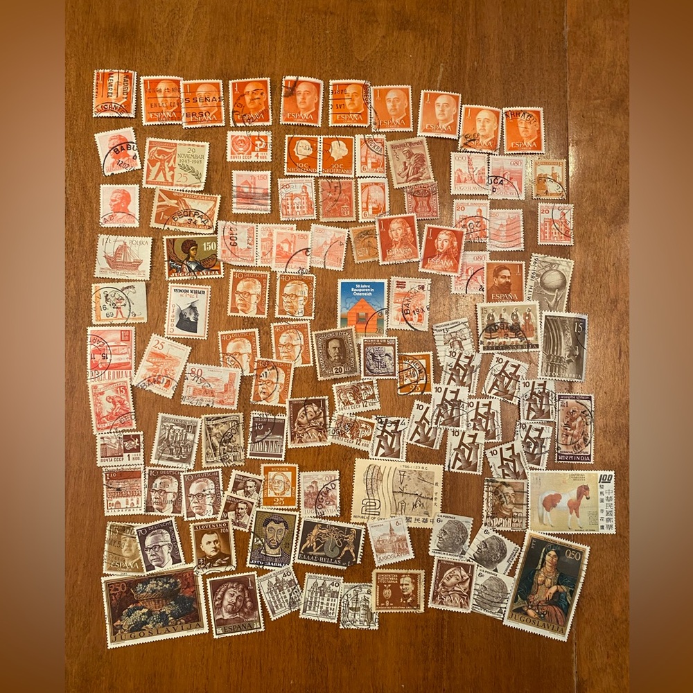 Vintage international & USA Postal Stamps - over 100 postmarked. Orange/Brown #3